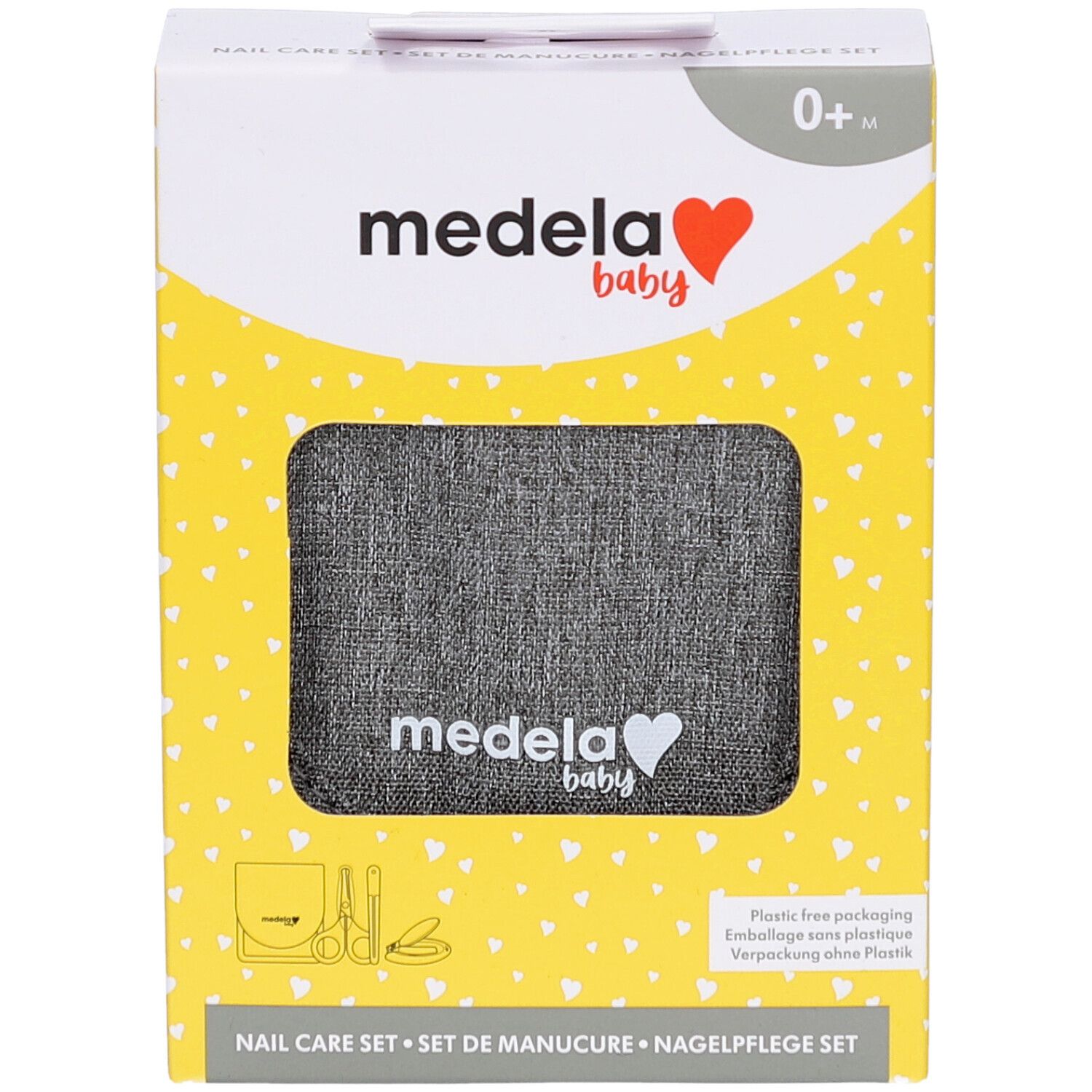 Emballage jaune avec image du produit. Inscription : Medela baby, Set de manucure. Visible : étui gris avec logo.