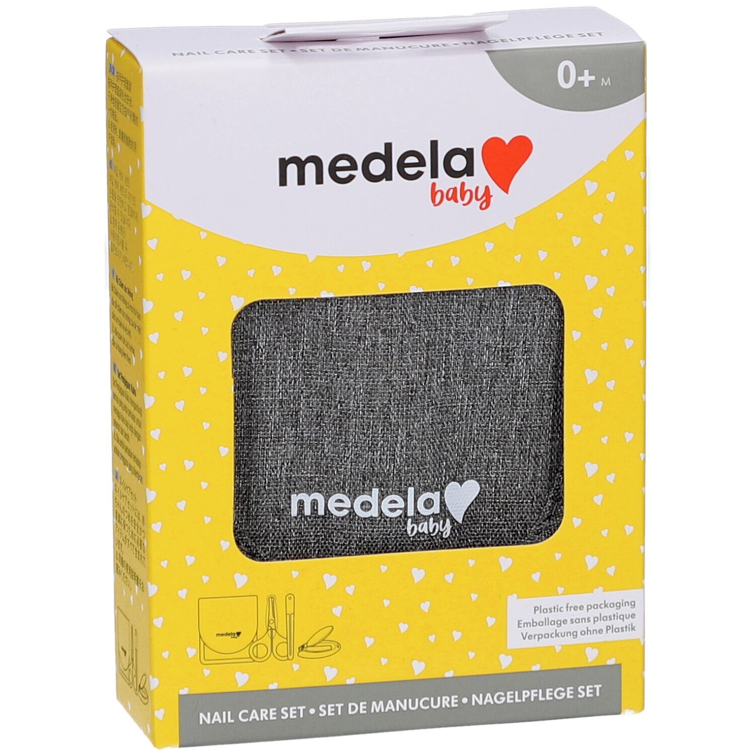 Emballage jaune avec image du produit. Inscription : Medela baby, Set de manucure. Visible : étui gris avec logo.