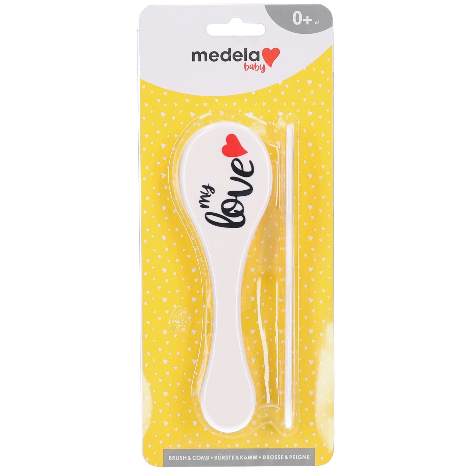Bürste und Kamm für Babys. Weiß, mit rotem Herz und Schriftzug "my love". Auf gelber Karte mit Produktnamen.