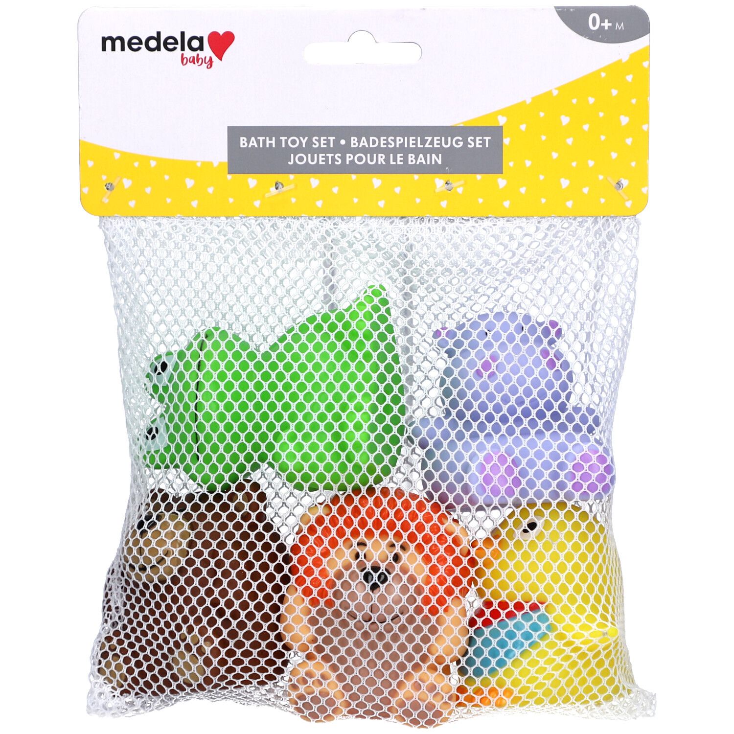 Ensemble de jouets de bain MEDELA Baby. Sac en filet avec cinq figurines d'animaux colorées. Logo et texte en haut à gauche.