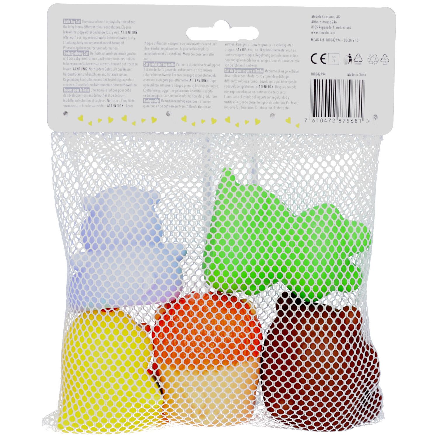 Dos du set de jouets de bain MEDELA Baby. Sac en filet avec cinq figurines d'animaux. Informations et code-barres.