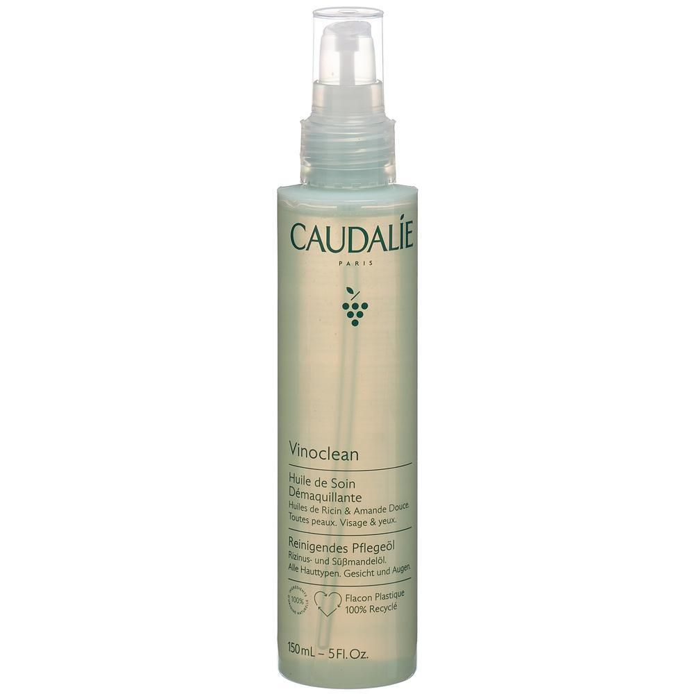 Flacon cylindrique avec vaporisateur. Inscription CAUDALIE PARIS, Vinoclean. Contient de l'huile démaquillante. Flacon 150ml.