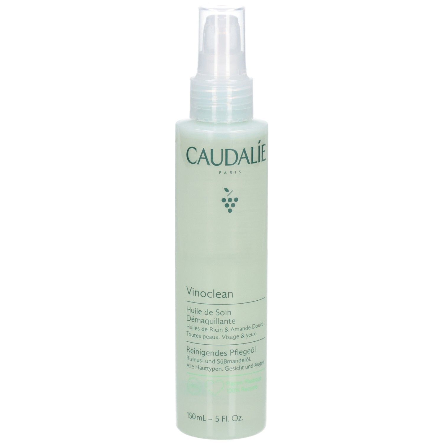 Grüne Flasche mit Sprühkopf. Aufschrift CAUDALIE, Vinoclean. Text in Deutsch und Französisch. 150ml.