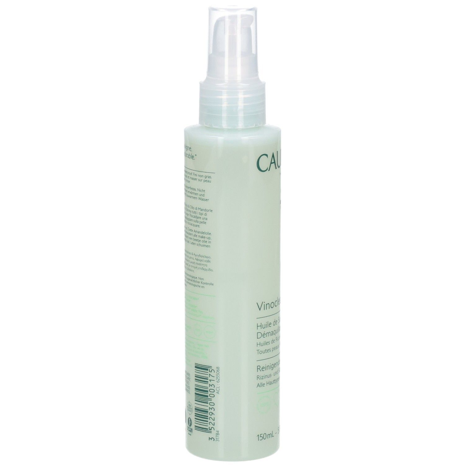 Grüne Flasche mit Sprühkopf. Aufschrift CAUDALIE, Vinoclean. Text in Deutsch und Französisch. 150ml.