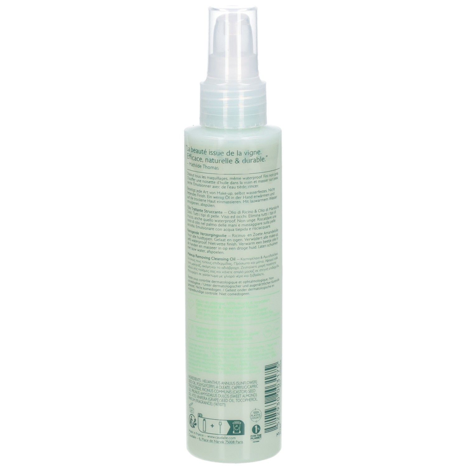 Grüne Flasche mit Sprühkopf. Aufschrift CAUDALIE, Vinoclean. Text in Deutsch und Französisch. 150ml.