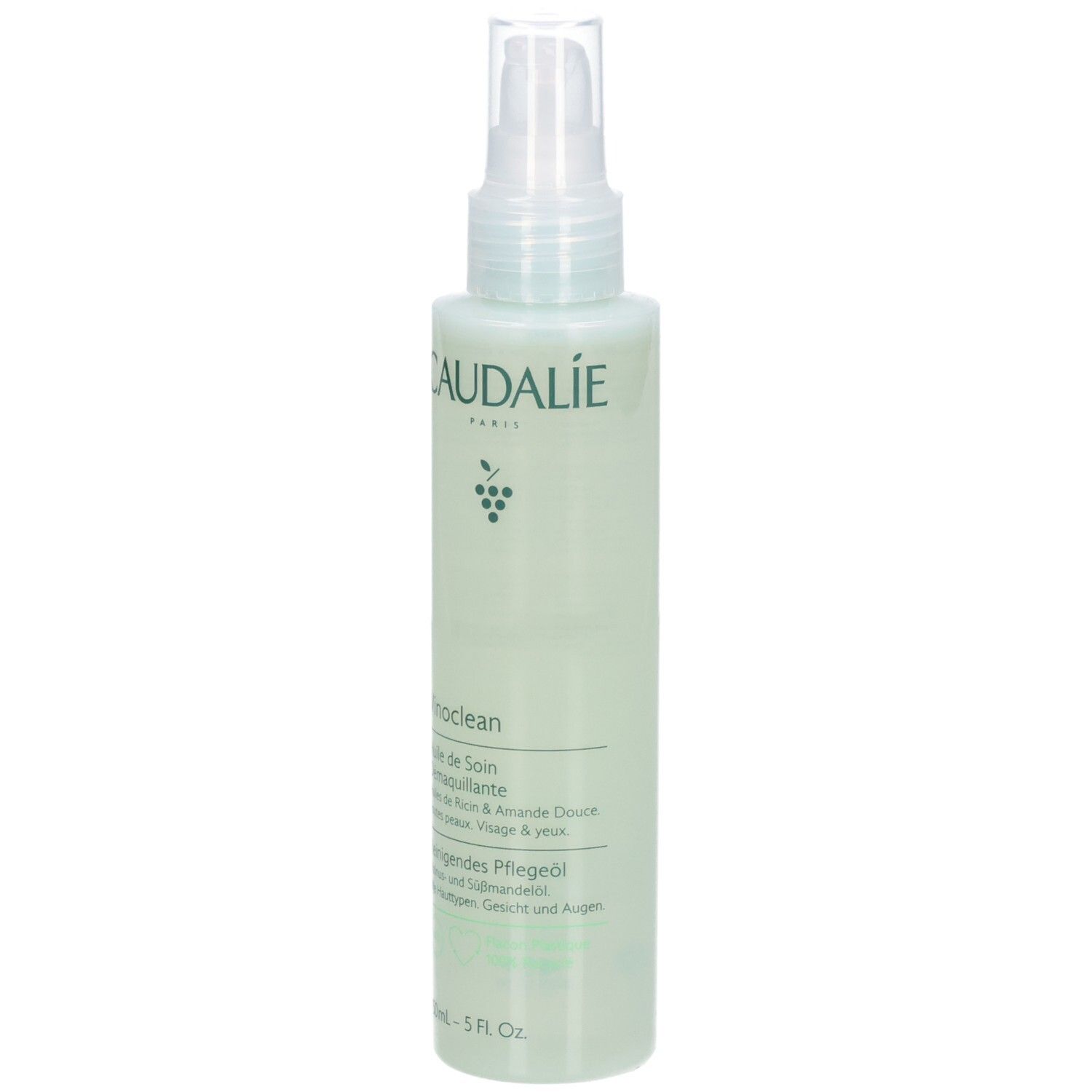 Grüne Flasche mit Sprühkopf. Aufschrift CAUDALIE, Vinoclean. Text in Deutsch und Französisch. 150ml.