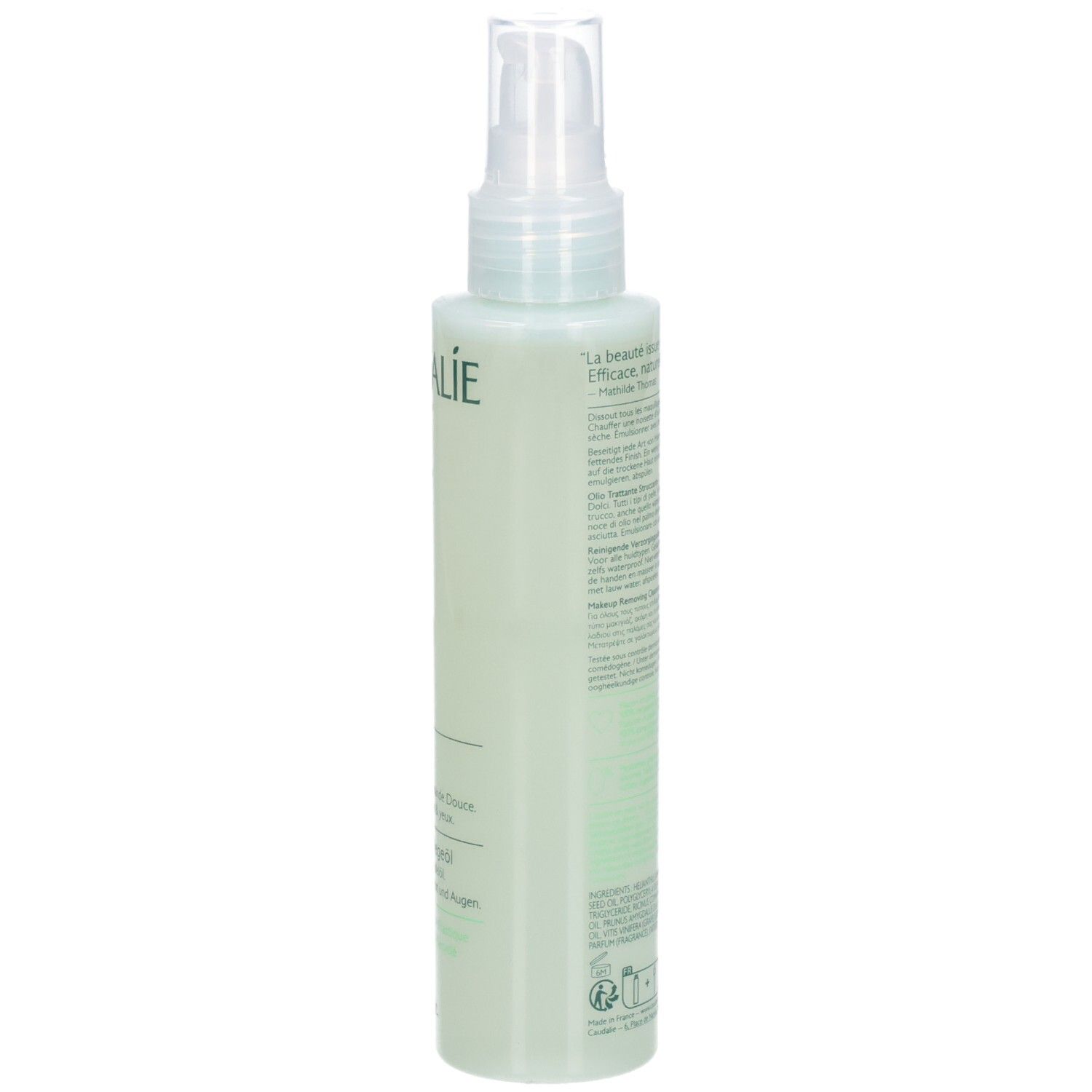 Grüne Flasche mit Sprühkopf. Aufschrift CAUDALIE, Vinoclean. Text in Deutsch und Französisch. 150ml.