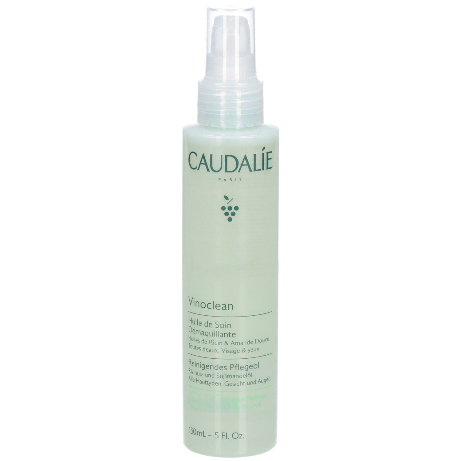 Grüne Flasche mit Sprühkopf. Aufschrift CAUDALIE, Vinoclean. Text in Deutsch und Französisch. 150ml.