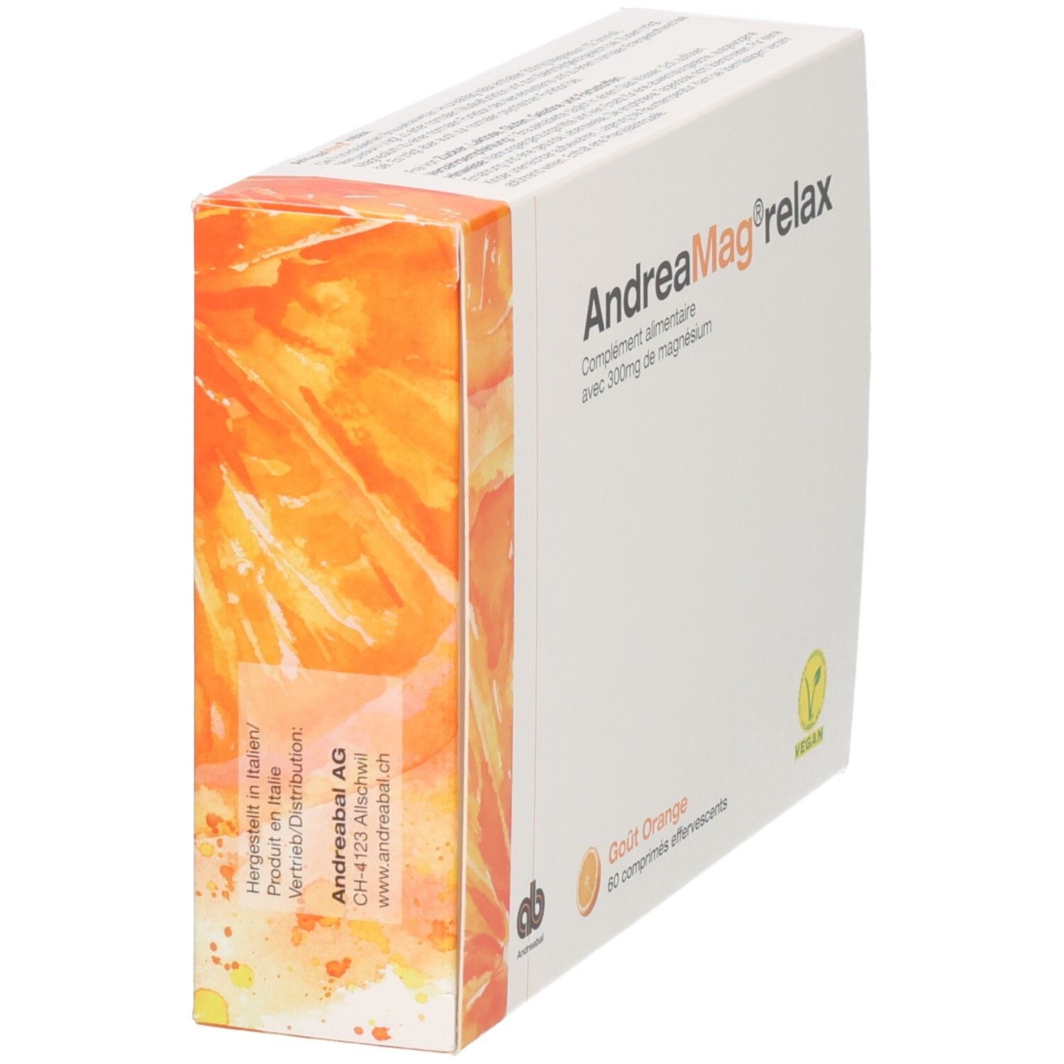 AndreaMag relax Brausetabletten, Orangenaroma, 60 Stück. Rückseite mit Herstellerangaben.