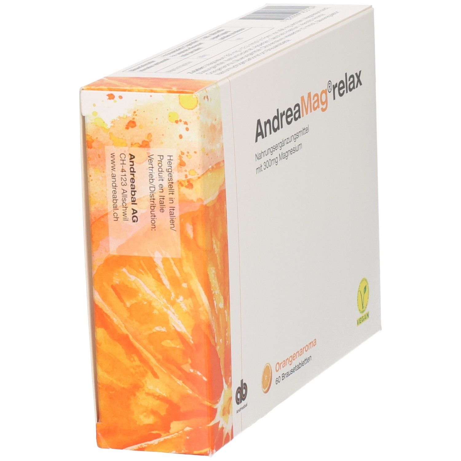AndreaMag relax Brausetabletten, Orangenaroma, 60 Stück. Seitenansicht mit Herstellerangaben.