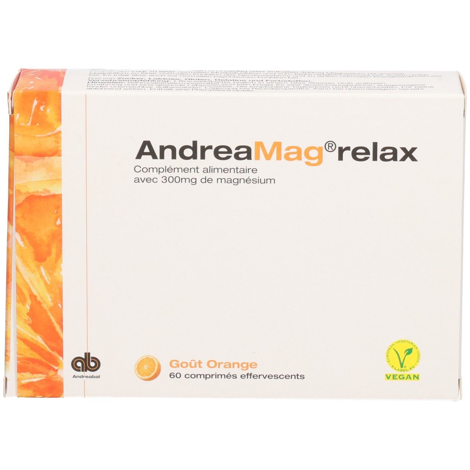 AndreaMag relax Brausetabletten, Orangenaroma, 60 Stück. Mit Vegan-Siegel.