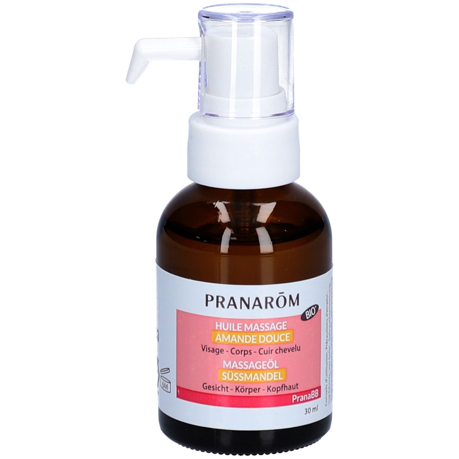 Flacon en verre brun avec pompe blanche. Étiquette: PRANAROM, Huile massage Amande douce Bio. Visage, corps, cuir chevelu.