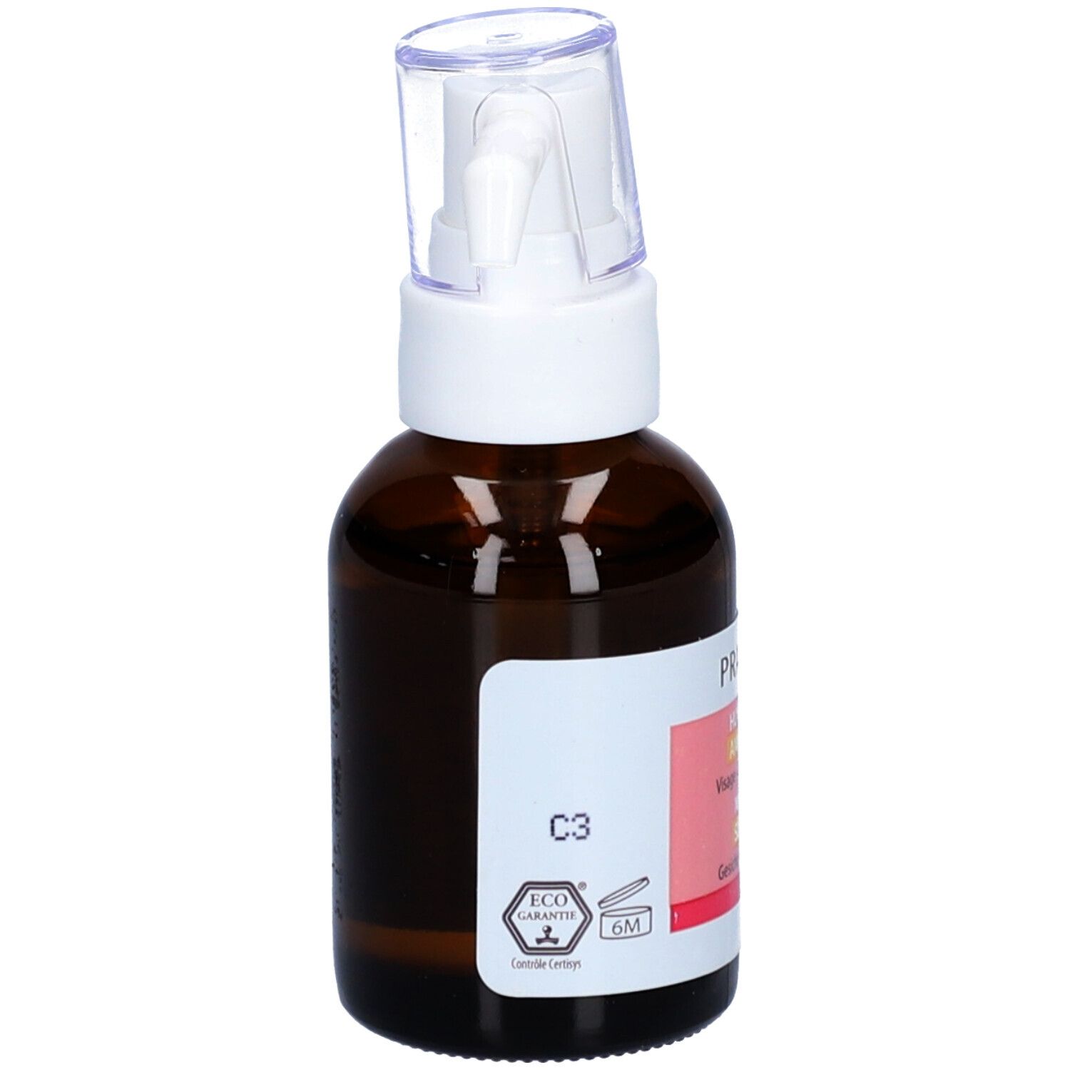 Flacon en verre brun avec pompe blanche. Étiquette: PRANAROM, Huile massage Amande douce Bio. Logo Eco Garantie.