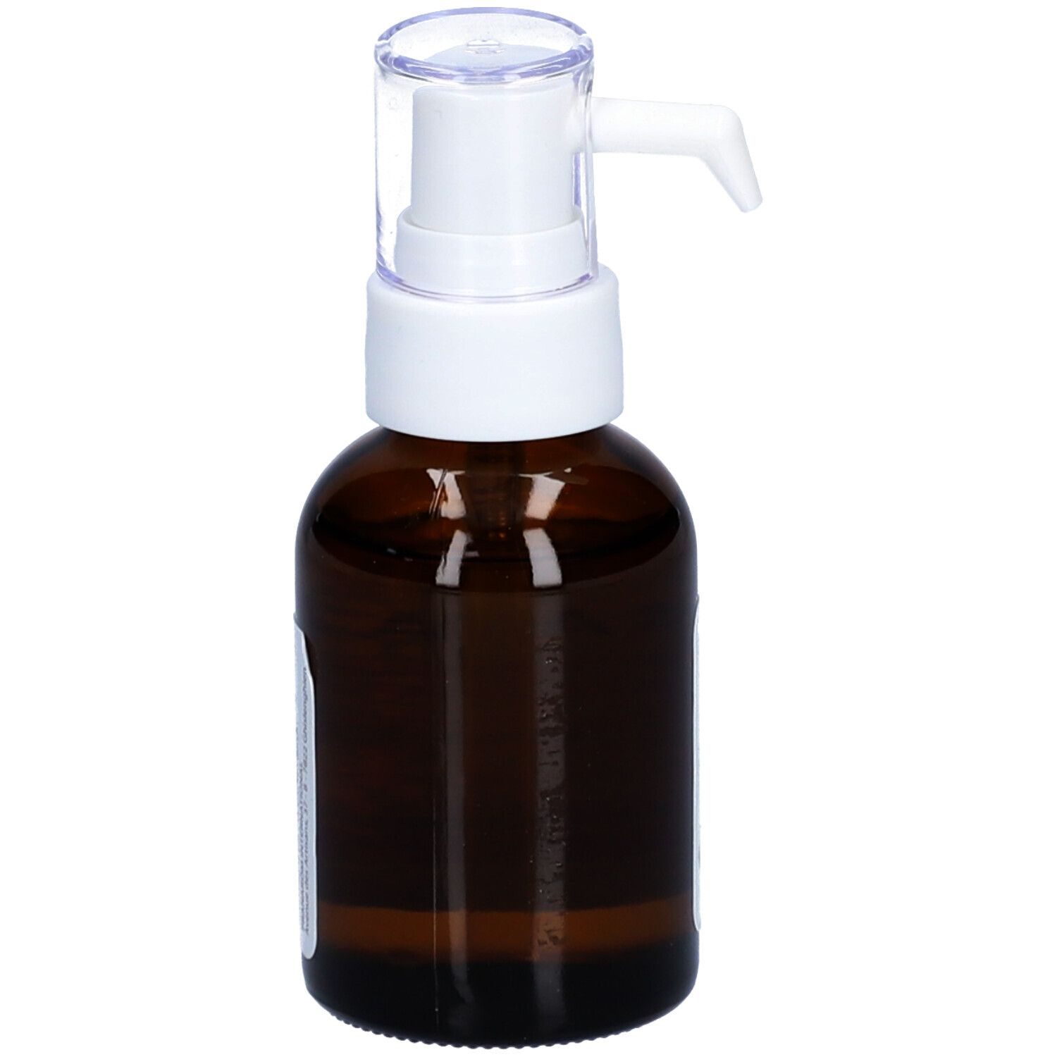 Flacon en verre brun avec pompe blanche. Étiquette illisible. Flacon debout.