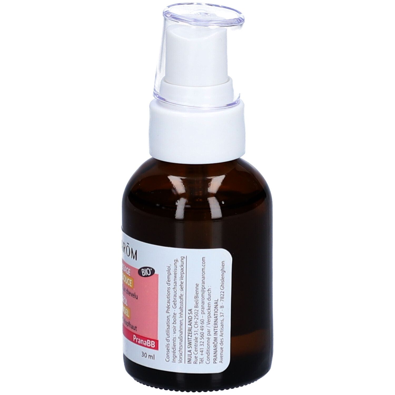 Flacon en verre brun avec pompe blanche. Étiquette: PRANAROM, Huile massage Amande douce Bio. Flacon debout.