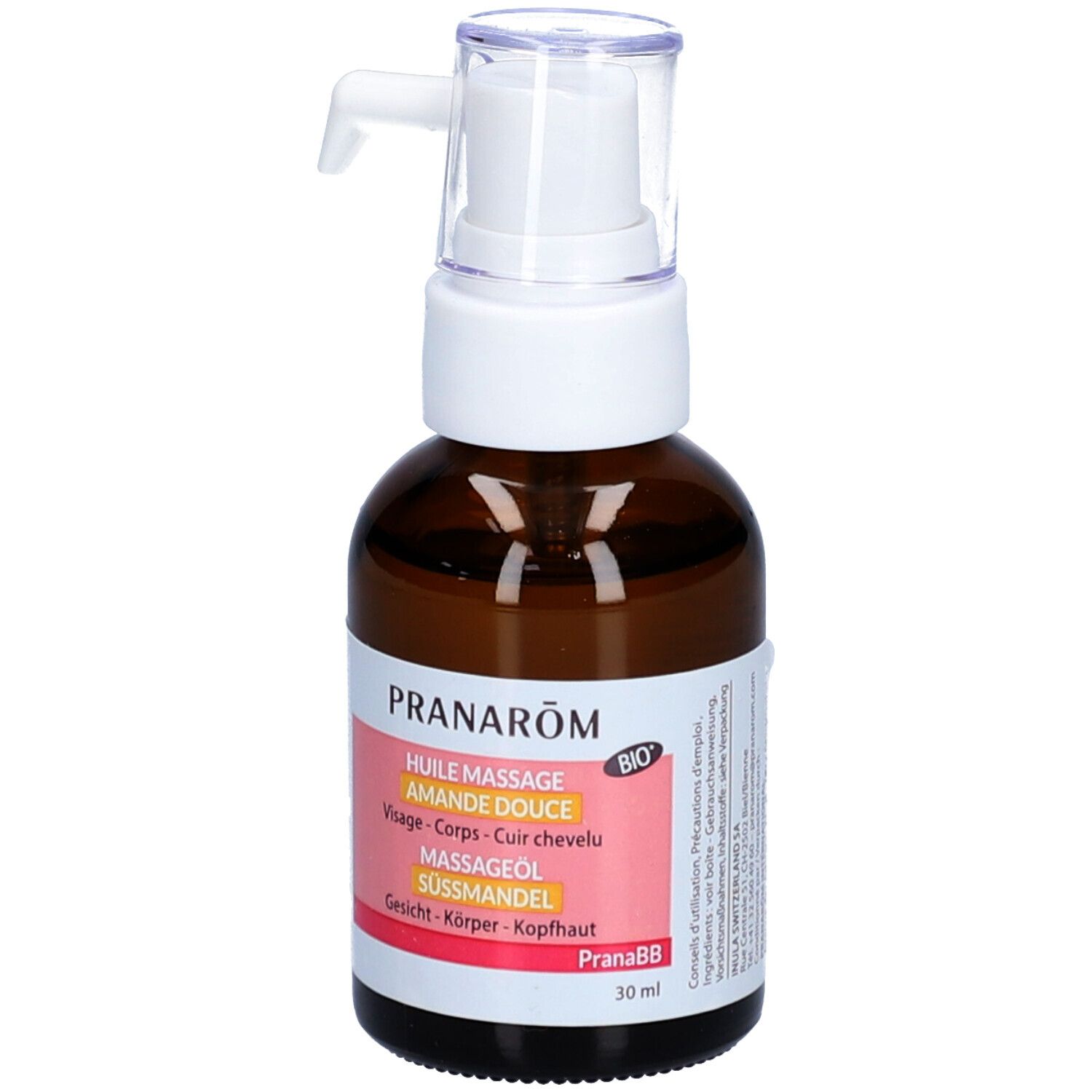 Flacon en verre brun avec pompe blanche. Étiquette: PRANAROM, Huile massage Amande douce Bio. Flacon debout.