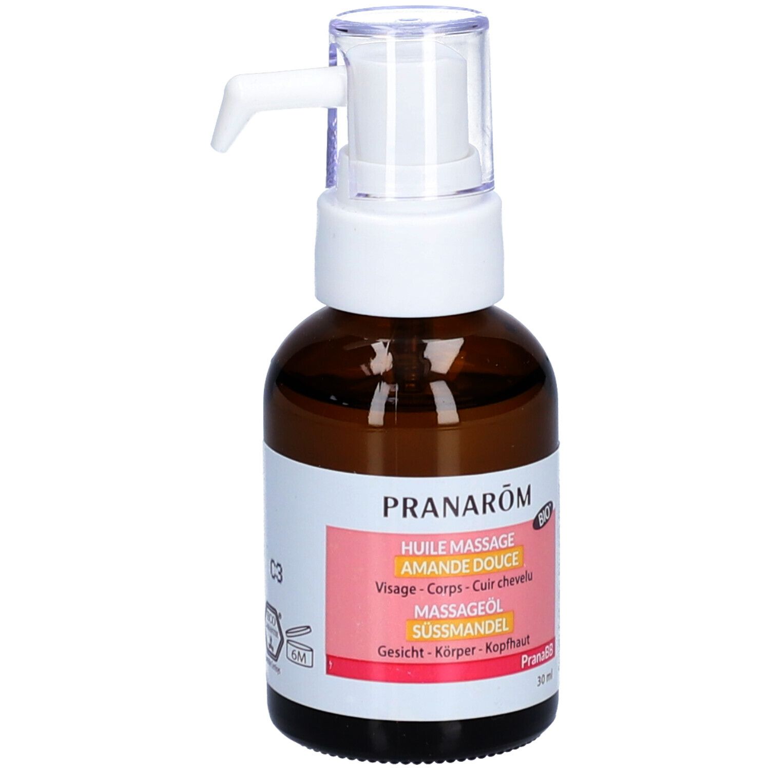 Flacon en verre brun avec pompe blanche. Étiquette: PRANAROM, Huile massage Amande douce Bio. Flacon debout.
