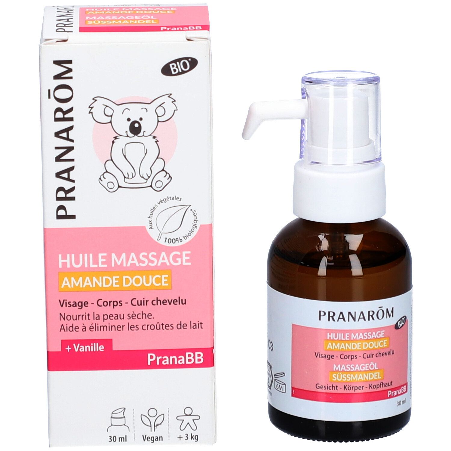 Emballage et flacon. Boîte: PRANAROM, Huile Massage Amande Douce. Flacon avec pompe.