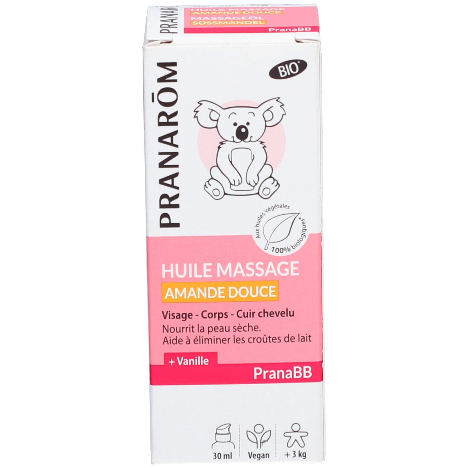 Emballage du produit. Boîte: PRANAROM, Huile Massage Amande Douce. Illustration d'un koala.