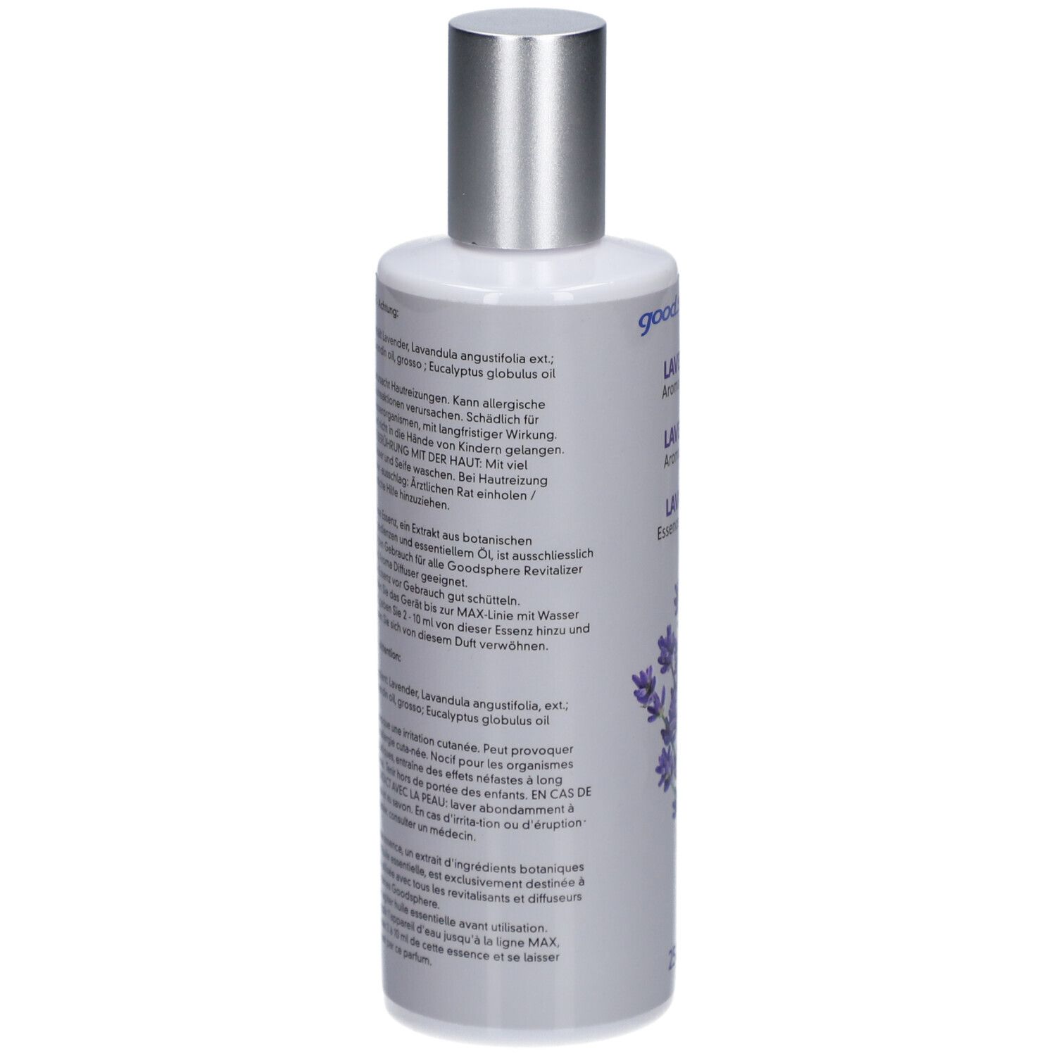Flacon avec texte. Contient de l'huile de lavande. Conseils d'utilisation et avertissements. Ingrédients au dos.