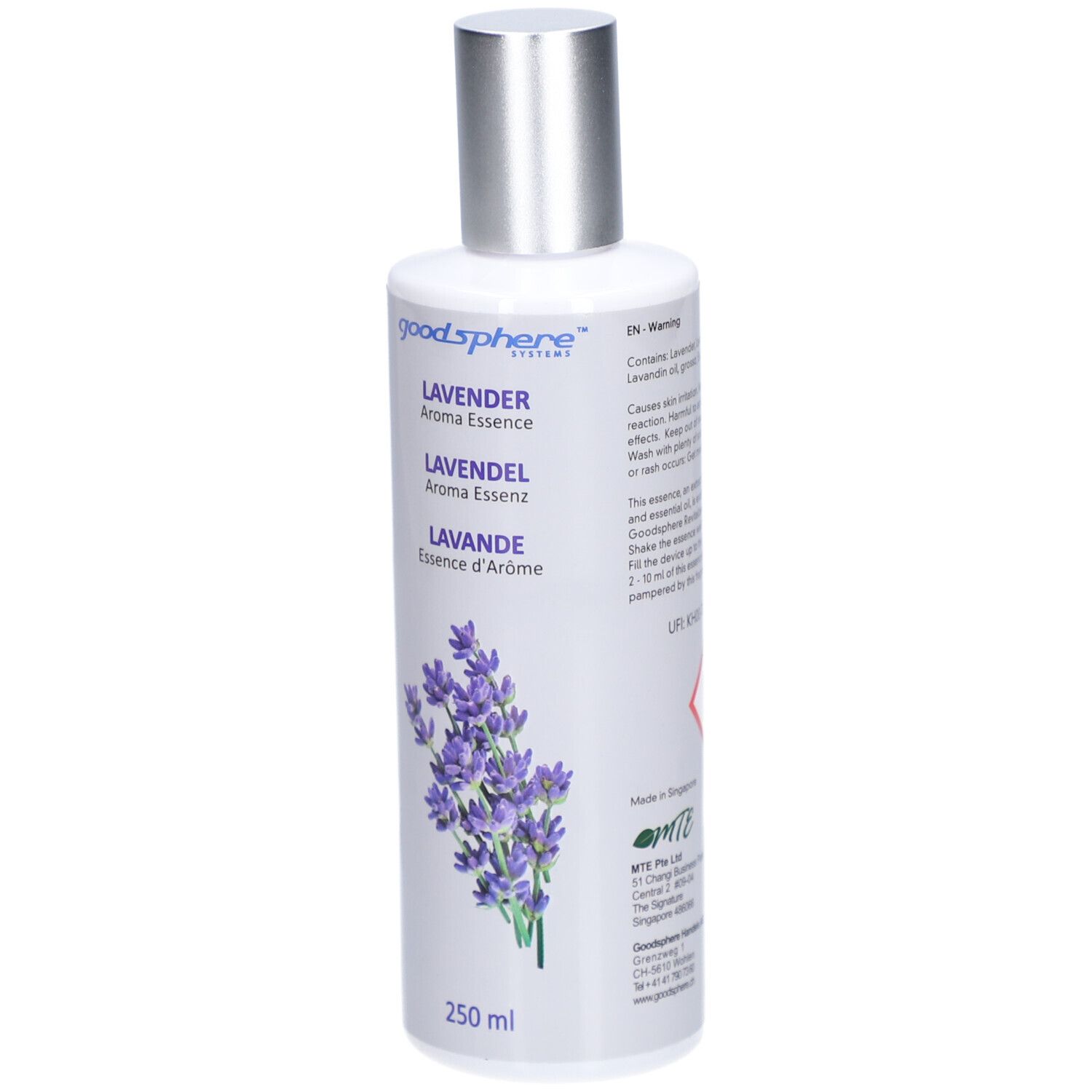 Flacon avec texte. Contient de l'huile de lavande. Avertissement: Irrite la peau. Symbole de danger. Code UFI.