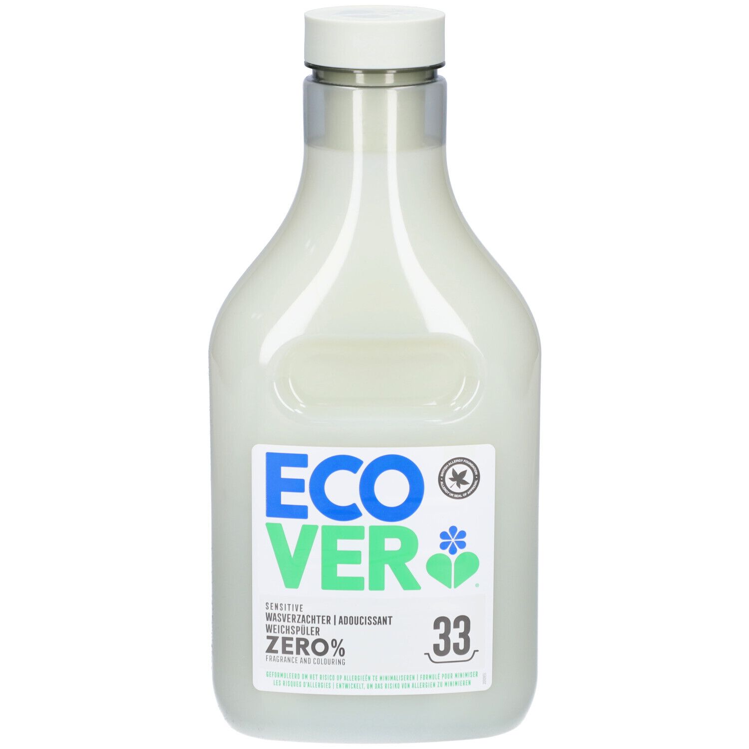 Bouteille avec étiquette. Inscription: ECOVER Zero, 33. Logo vert et bleu. Signes de certification.
