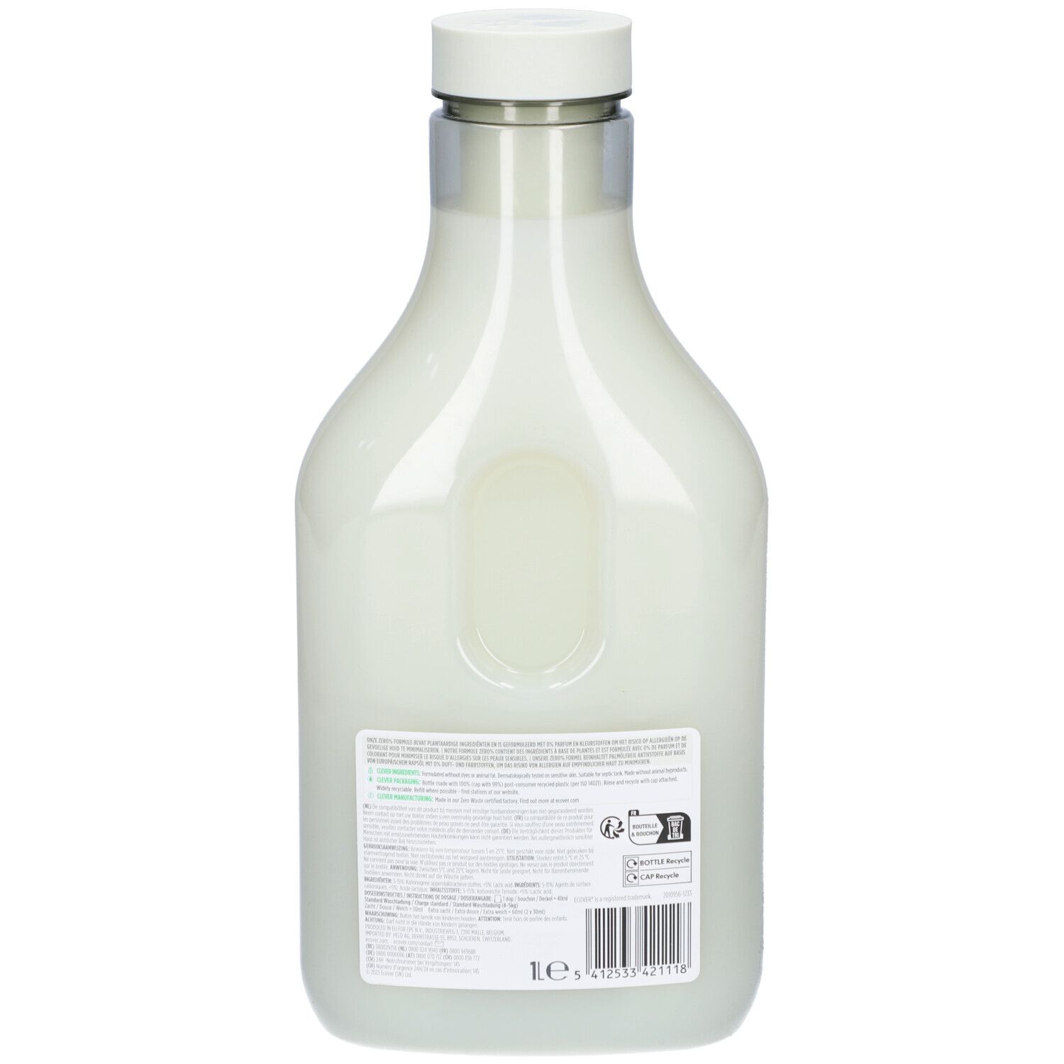 Vue arrière d'une bouteille. Étiquette avec texte et symboles. En bas: 1e.