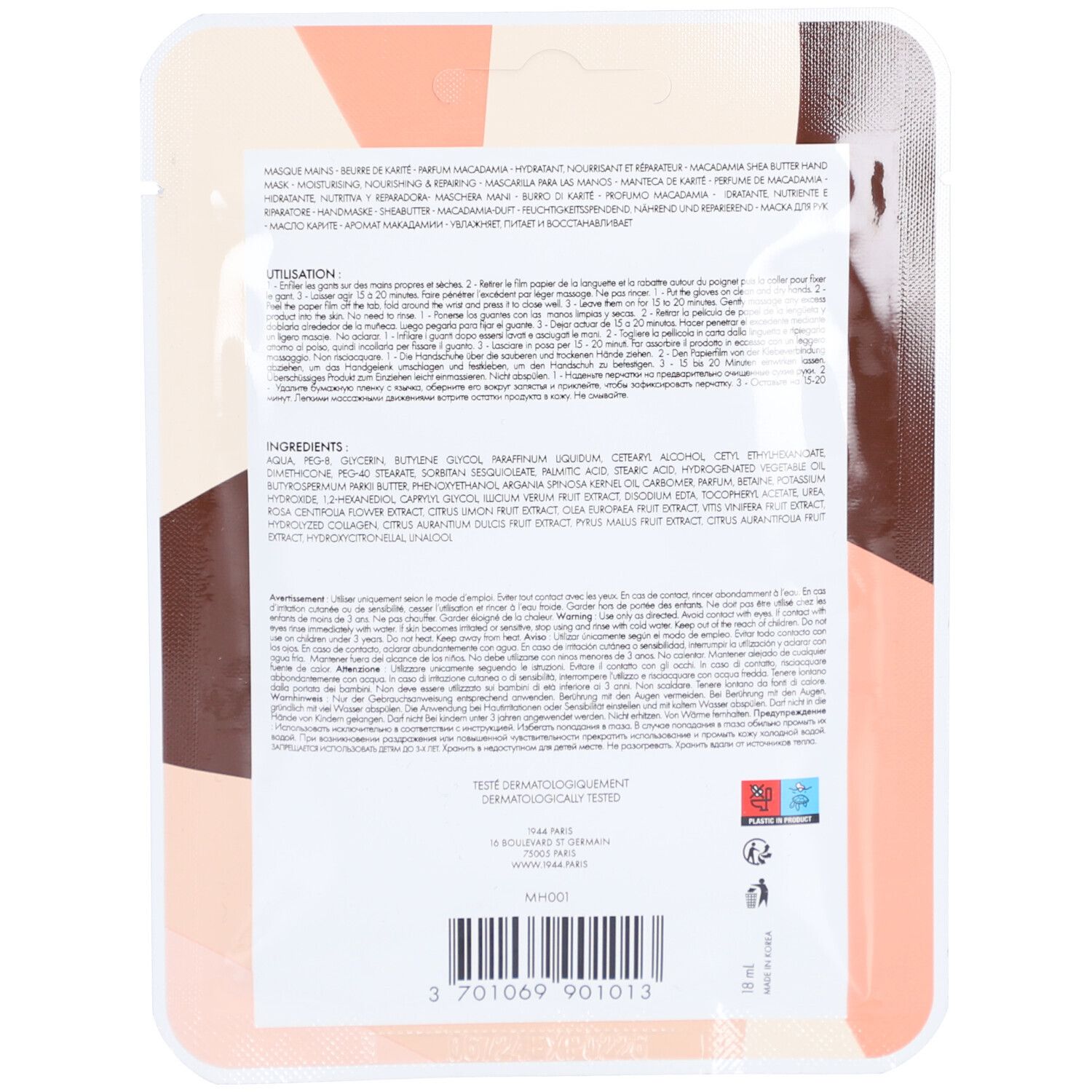 Rückseite der Handmaskenverpackung. Text: Inhaltsstoffe, Gebrauchsanweisung, dermatologisch getestet.