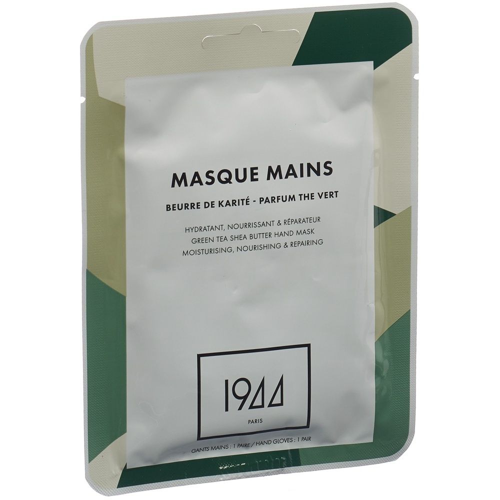 Handmaske in Verpackung. Weißes Sachet mit Text: Masque Mains, 1944 PARIS. Grüner Hintergrund.