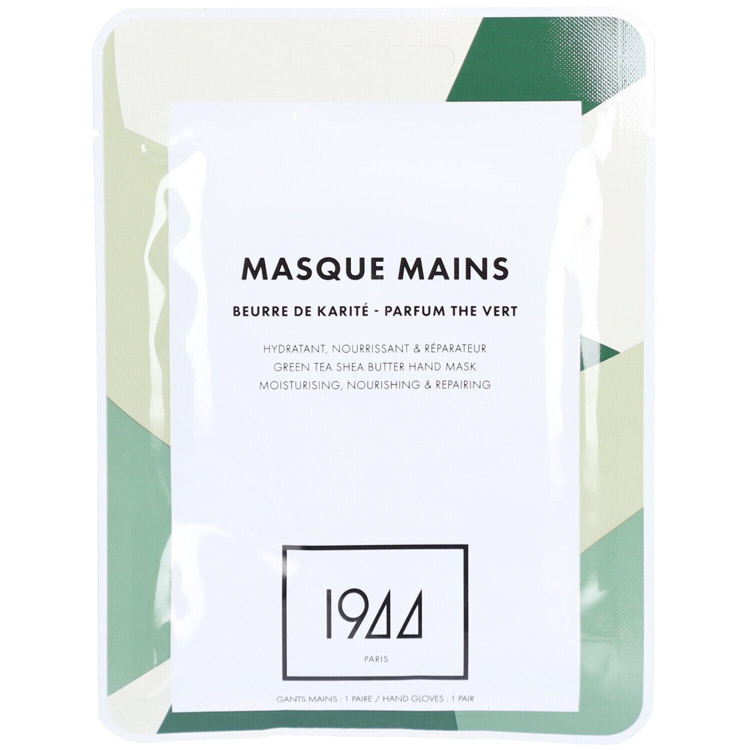 Handmaske in Verpackung. Weißes Sachet mit Text: Masque Mains, 1944 PARIS. Grüner Hintergrund.