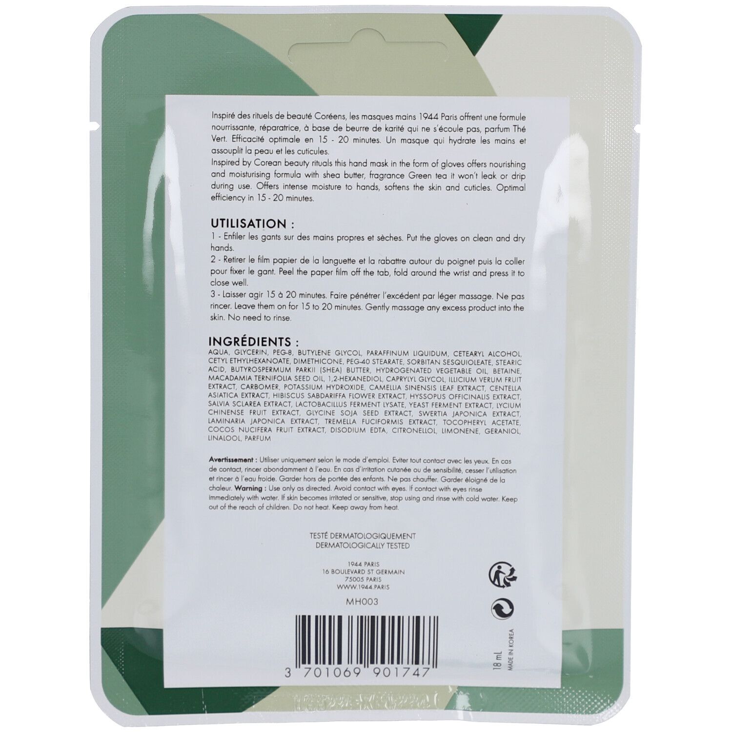 Rückseite der Handmaskenverpackung. Text: Inhaltsstoffe, Anwendung. Grüner Hintergrund, weißer Text.