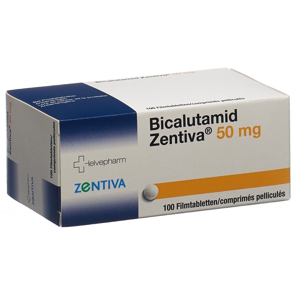 Karton BICALUTAMID Zentiva Filmtabl 50 mg. Blau-weiß-orangefarbene Verpackung. Text auf der Verpackung.