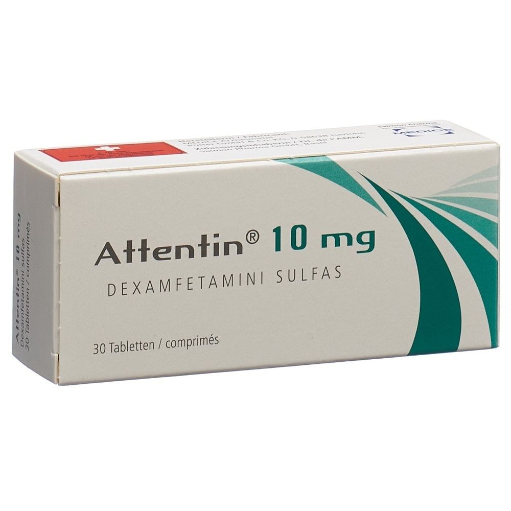 Karton mit ATTENTIN Tabl 10 mg. Weißer Karton mit roter und grüner Schrift. Produktname und Dosierung deutlich sichtbar.