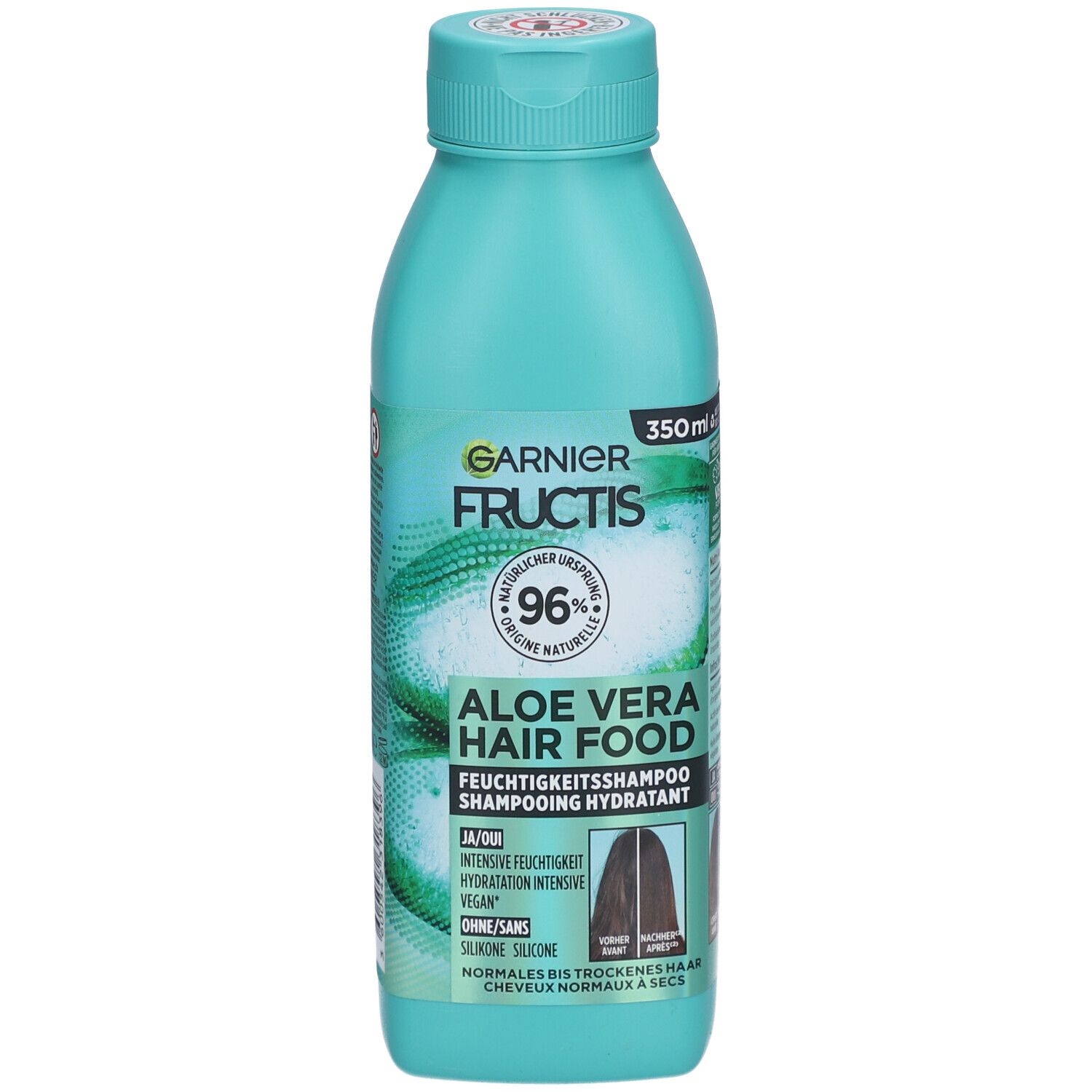 Türkisgrüne Flasche mit Garnier Fructis Aloe Vera Shampoo. 96% natürlichen Ursprungs. Für normales bis trockenes Haar.