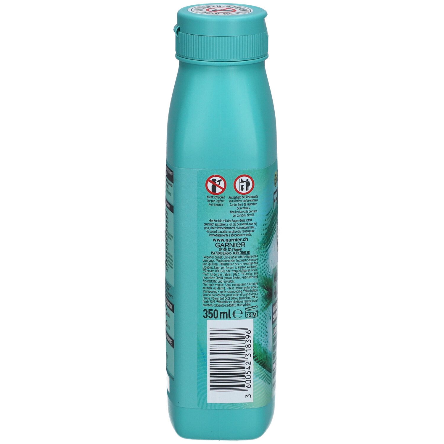 Rückseite der türkisfarbenen Flasche mit Garnier Fructis Shampoo. Enthält Informationen und Barcode. 350 ml.