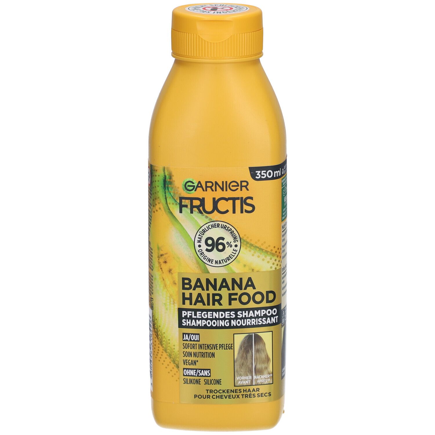 Gelbe Flasche Shampoo. Aufschrift: Garnier Fructis Banana Hair Food. 96% natürliche Inhaltsstoffe. 350ml.