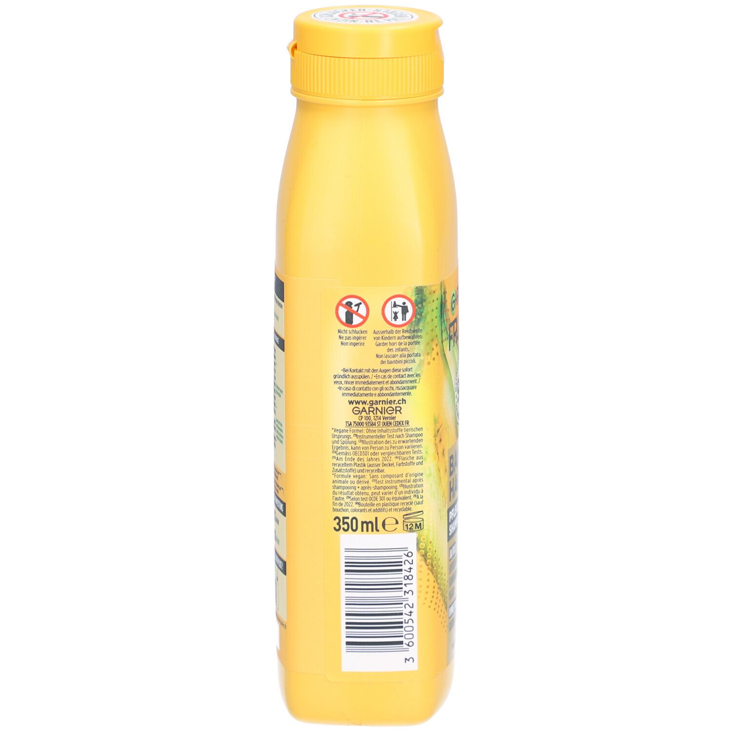 Rückseite der gelben Shampoo-Flasche. Enthält Informationen und Barcode. 350ml.