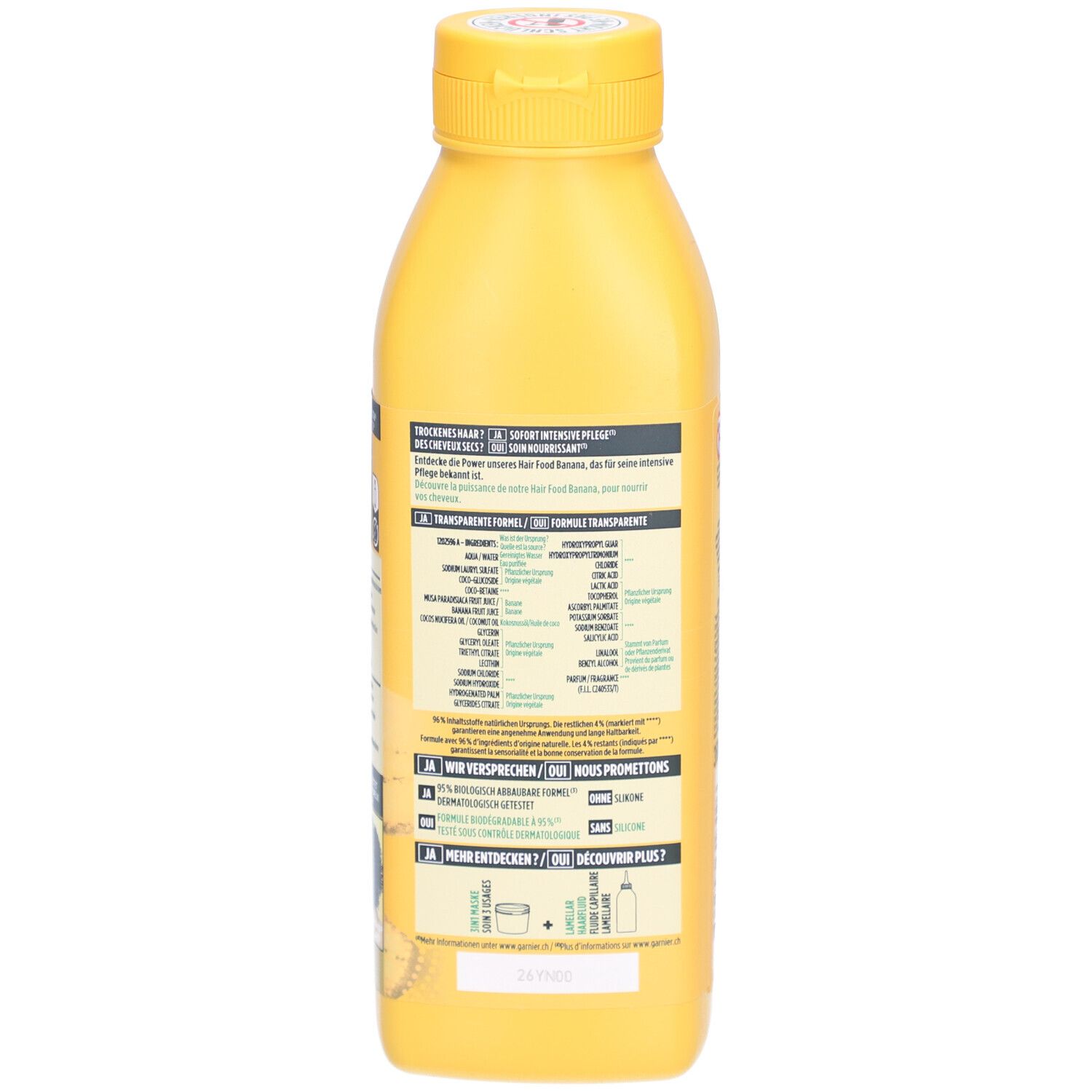 Rückseite der gelben Shampoo-Flasche. Textabschnitte mit Informationen. 350ml.
