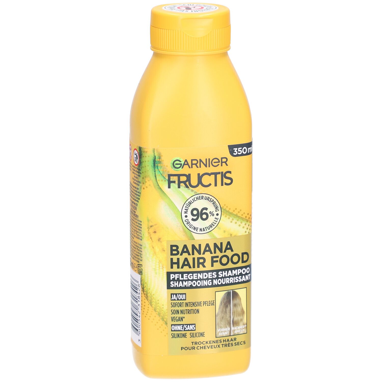 Gelbe Shampoo-Flasche. Aufschrift: Garnier Fructis Banana Hair Food. 96% natürliche Inhaltsstoffe. 350ml.