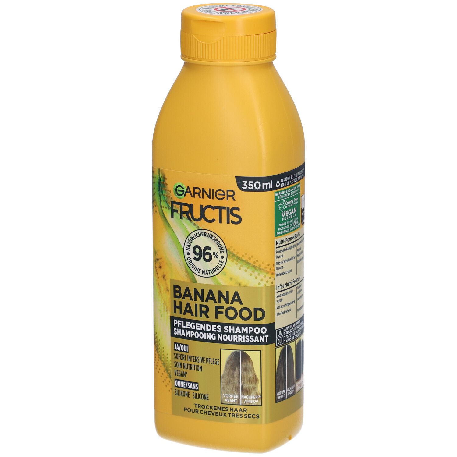 Gelbe Shampoo-Flasche. Aufschrift: Garnier Fructis Banana Hair Food. 96% natürliche Inhaltsstoffe. 350ml.