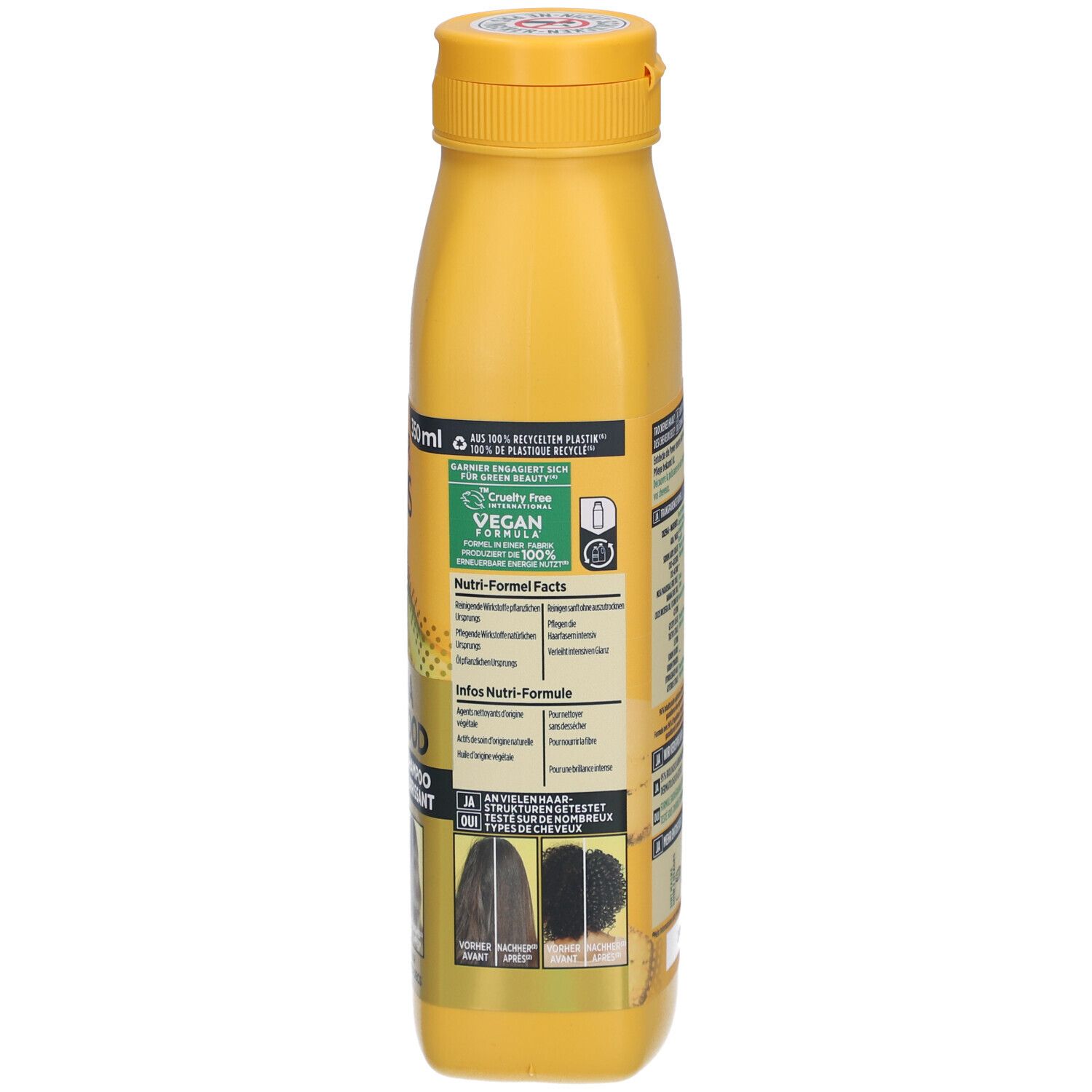 Rückseite der gelben Shampoo-Flasche. Enthält Informationen, Vegan-Logo und Recycling-Hinweis. 350ml.