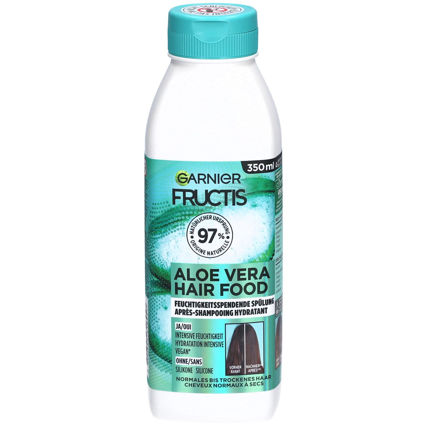 Bouteille avec bouchon vert. Inscription: GARNIER FRUCTIS, Aloe Vera Hair Food. 350ml. Après-shampooing pour cheveux secs.