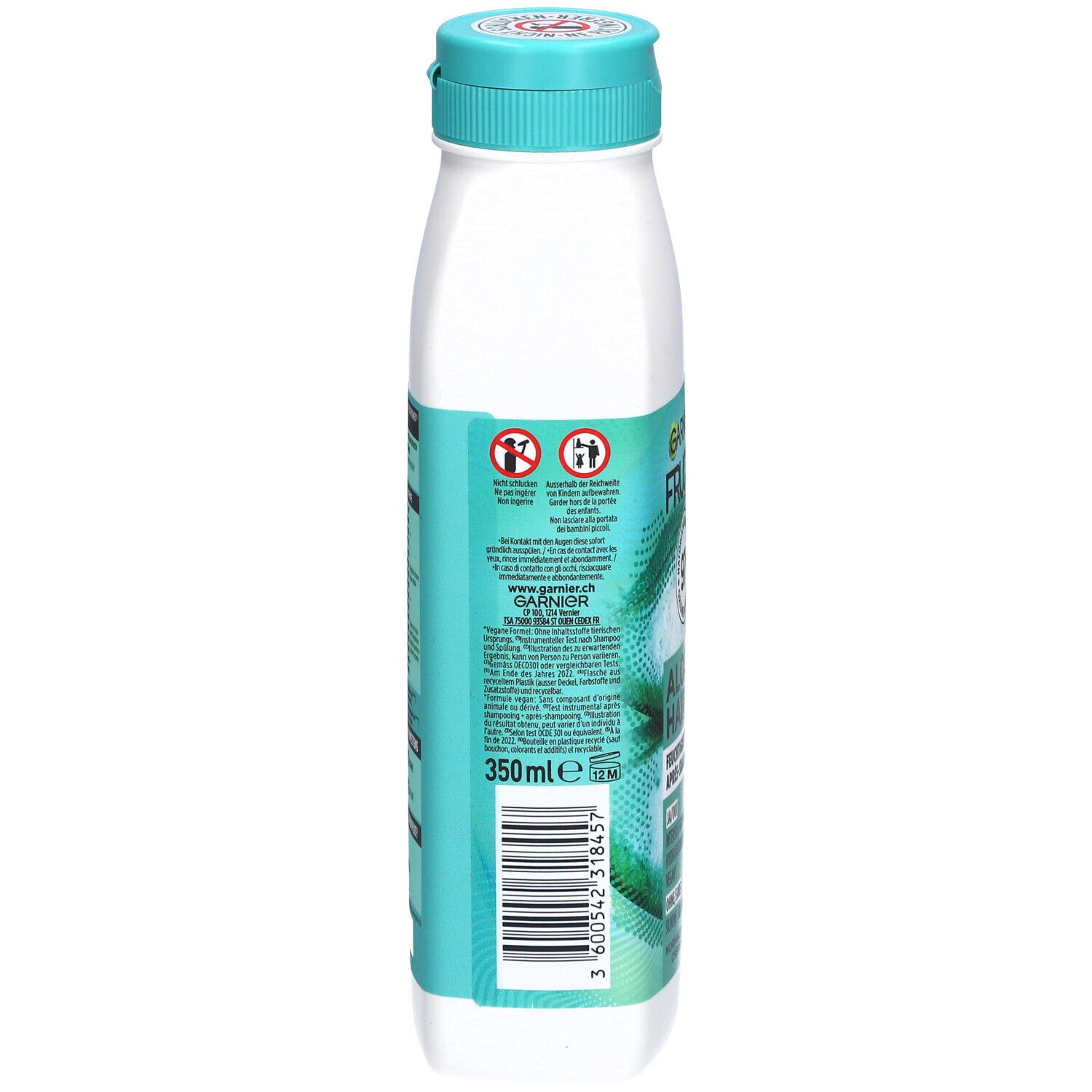 Dos de la bouteille. Code-barres et informations. 350ml. Avertissements et informations de recyclage.