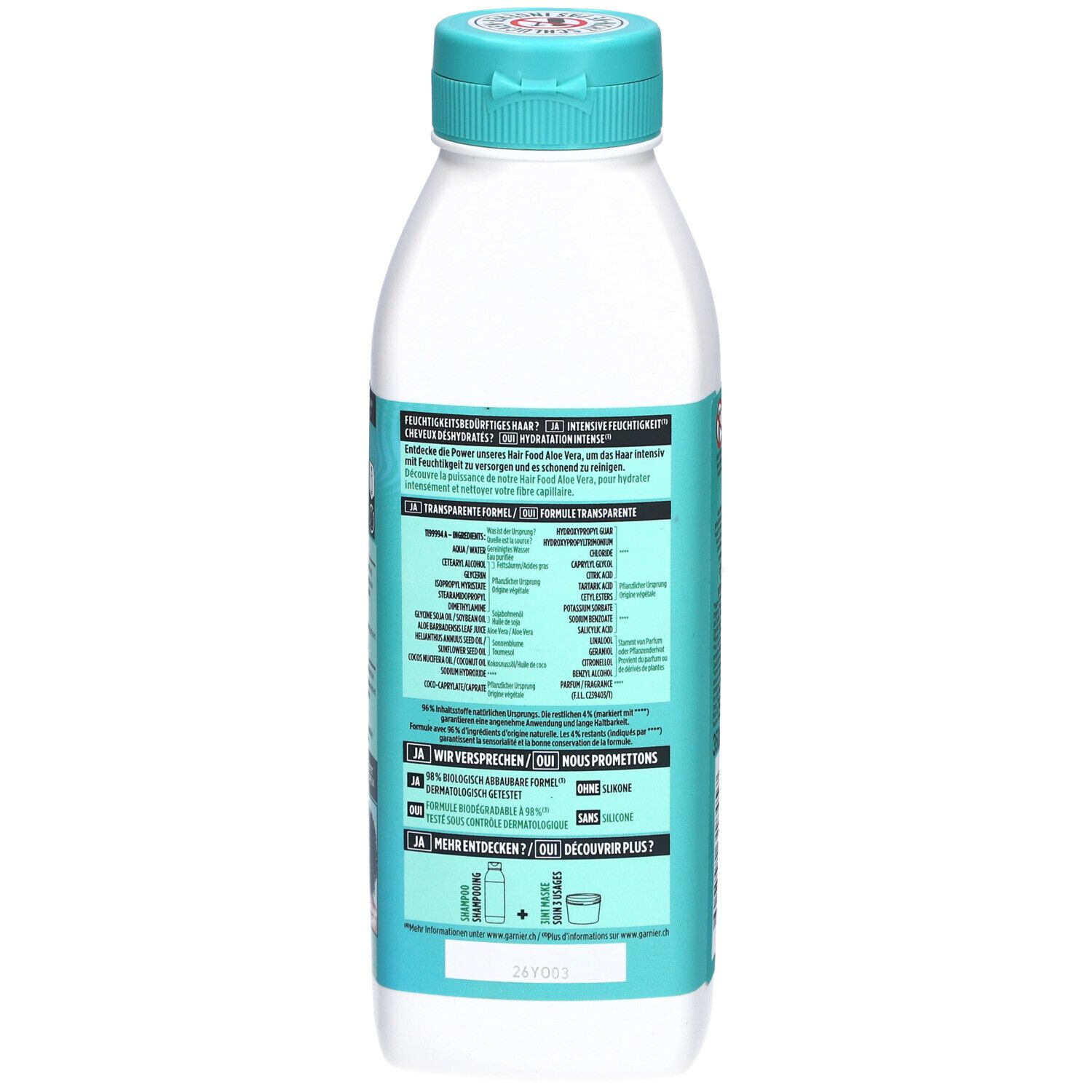Dos de la bouteille. Ingrédients et informations en plusieurs langues. 350ml. Informations de recyclage.