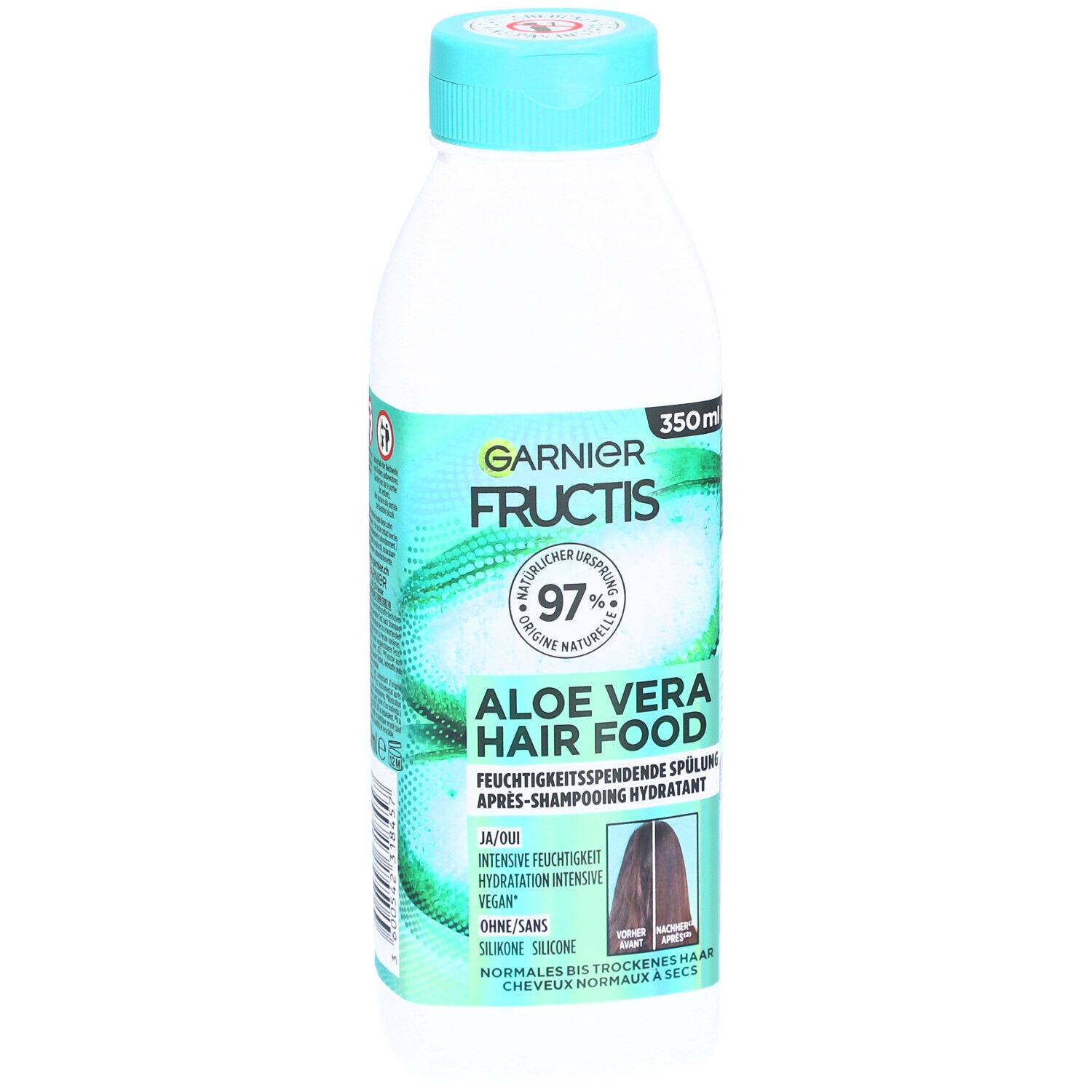 Bouteille avec bouchon vert. Inscription: GARNIER FRUCTIS, Aloe Vera Hair Food. 350ml. Après-shampooing pour cheveux secs.