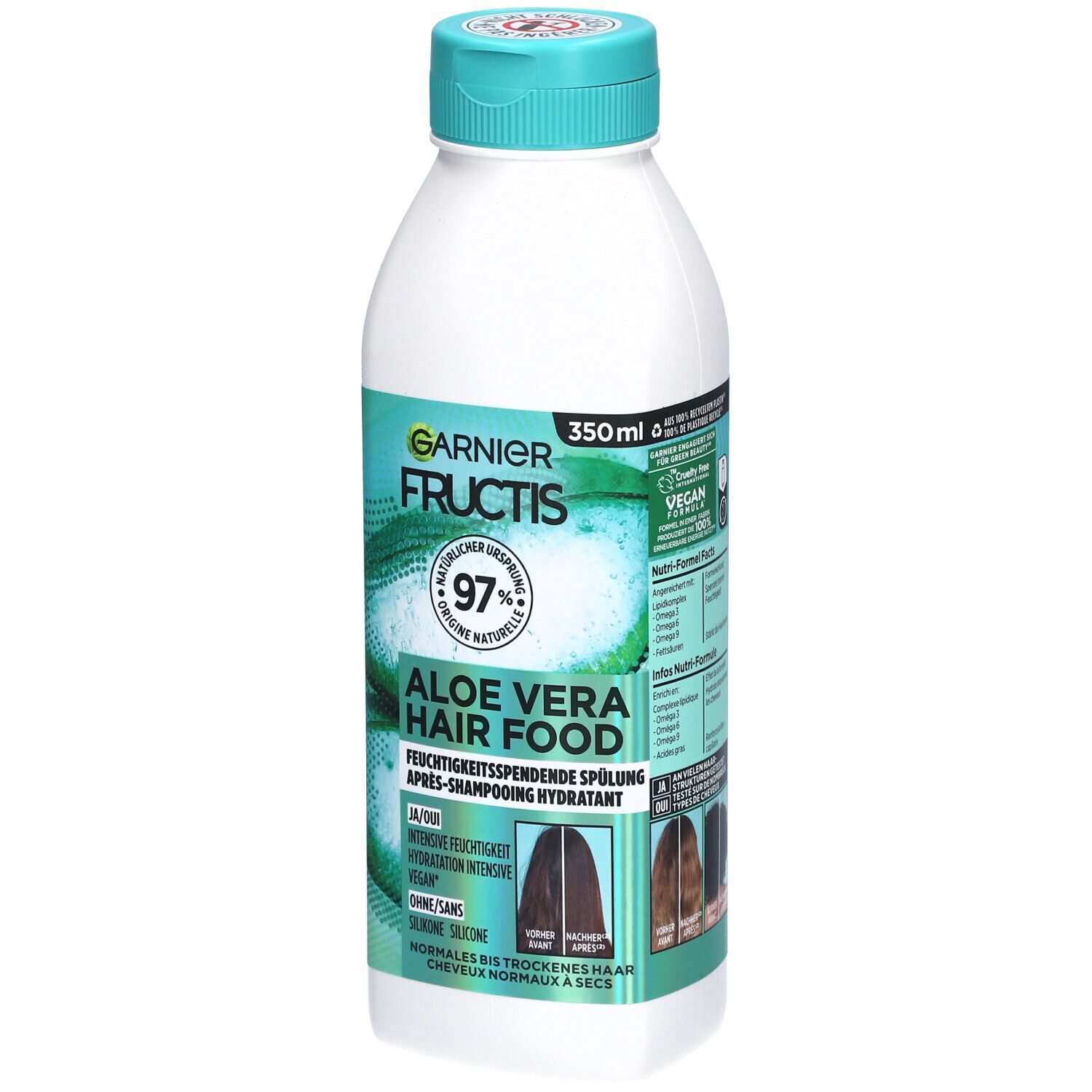 Bouteille avec bouchon vert. Inscription: GARNIER FRUCTIS, Aloe Vera Hair Food. 350ml. Après-shampooing pour cheveux secs.