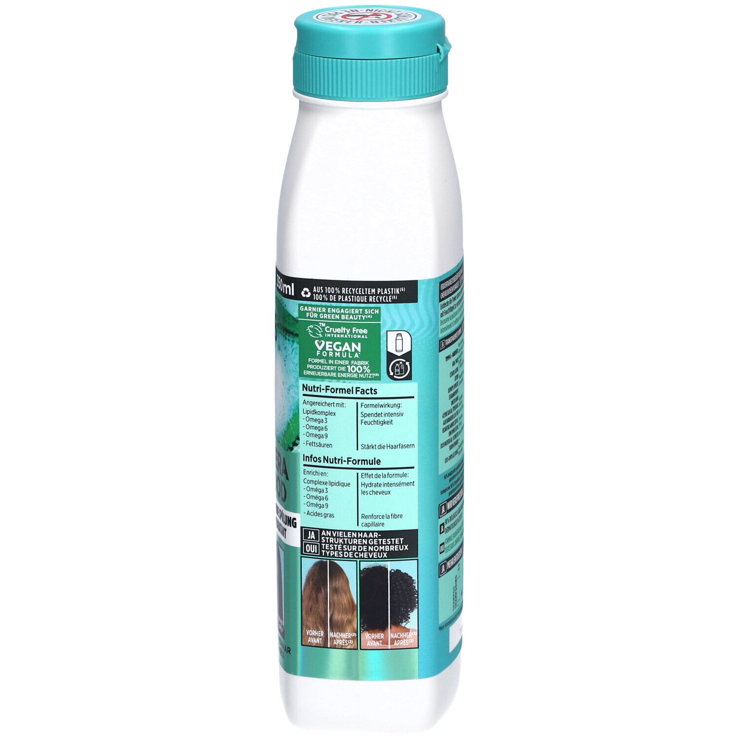 Dos de la bouteille. Ingrédients et informations. 350ml. Label Vegan. Informations de recyclage.