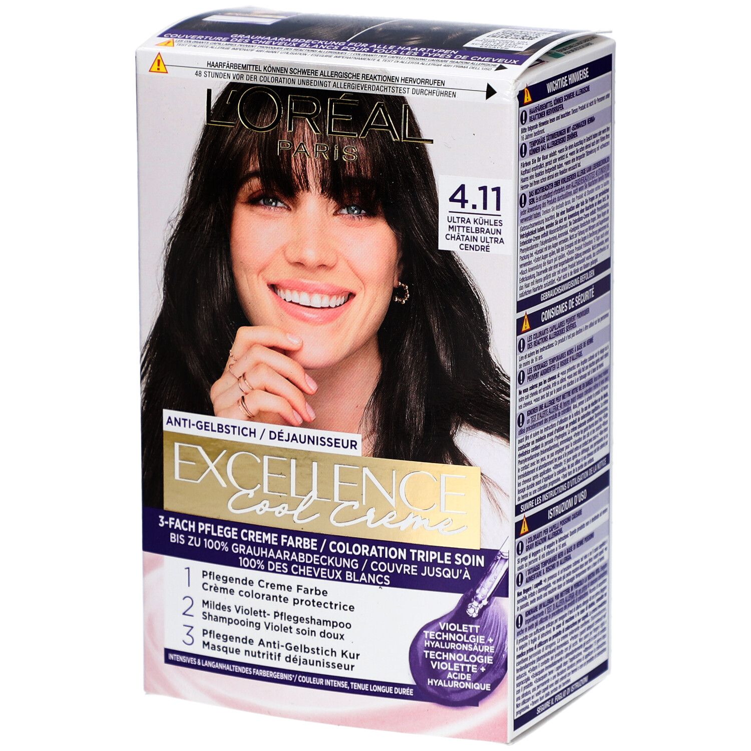 Haarfarben-Verpackung mit Frau. Produktname: EXCELLENCE Cool Creme 4.11. Enthält Creme, Shampoo und Kur. Marke: L'Oréal Paris.