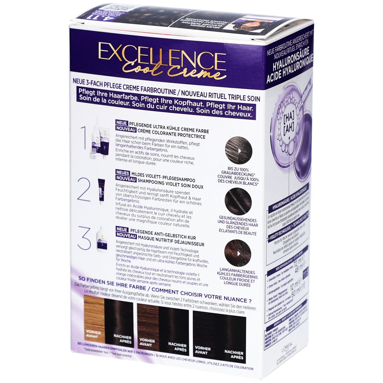 Verpackung EXCELLENCE Cool Creme. Produktabbildungen und Informationen. Enthält Creme, Shampoo und Kur. Farbton: 4.11.