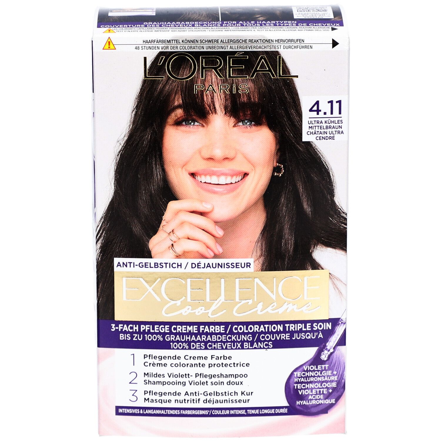 Haarfarben-Verpackung EXCELLENCE Cool Creme 4.11. Frau mit dunklen Haaren. Enthält Creme, Shampoo und Kur. Marke: L'Oréal Paris.